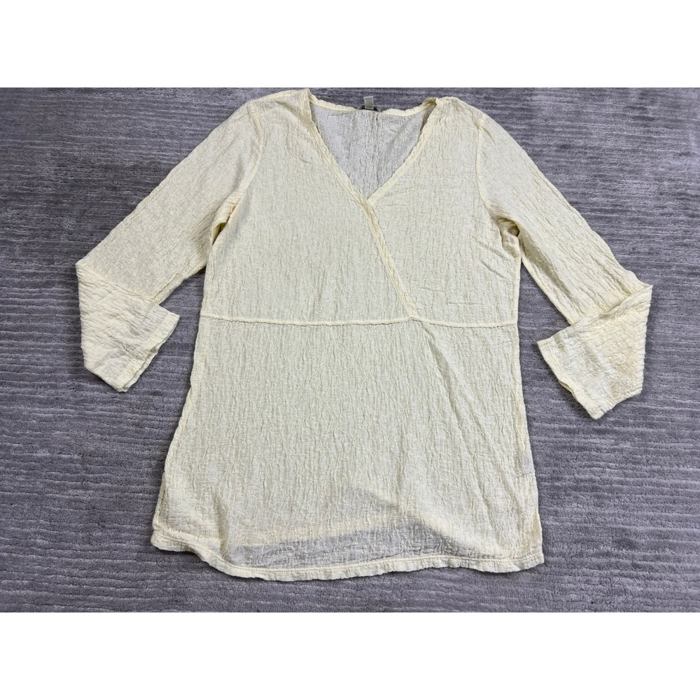 J. Jill Top Womens M Yellow Faux Wrap Crinkle Texture Stretch V-Neck Long Sleeve